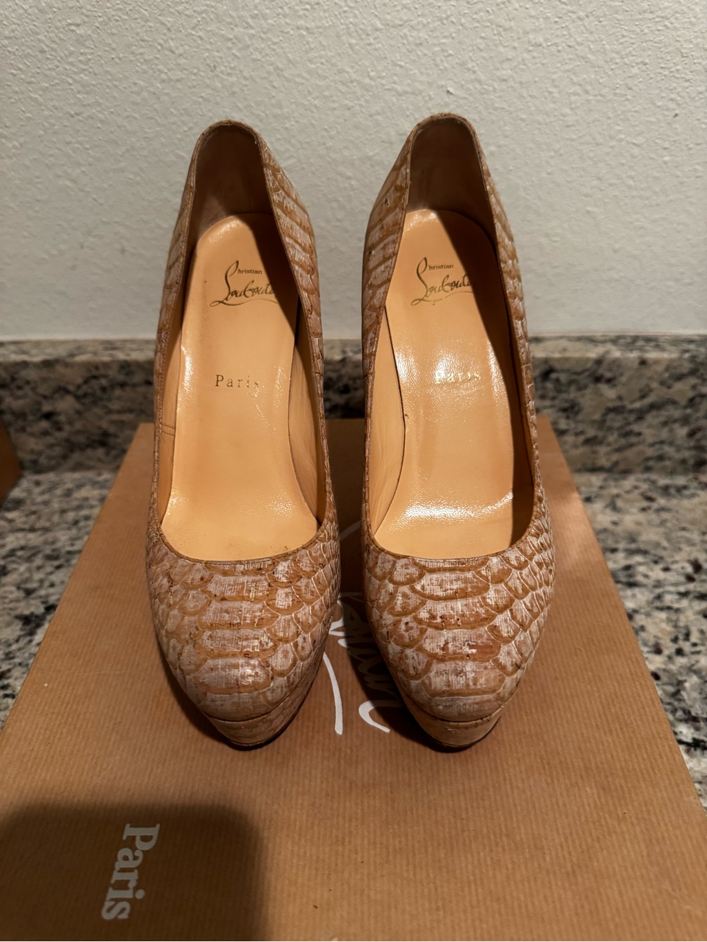 Christian Louboutin Taupe Embossed Snakeskin Pumps